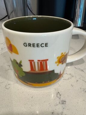 Starbucks Greece Ceramic Mug - White with Green Interior and Colorful Accents